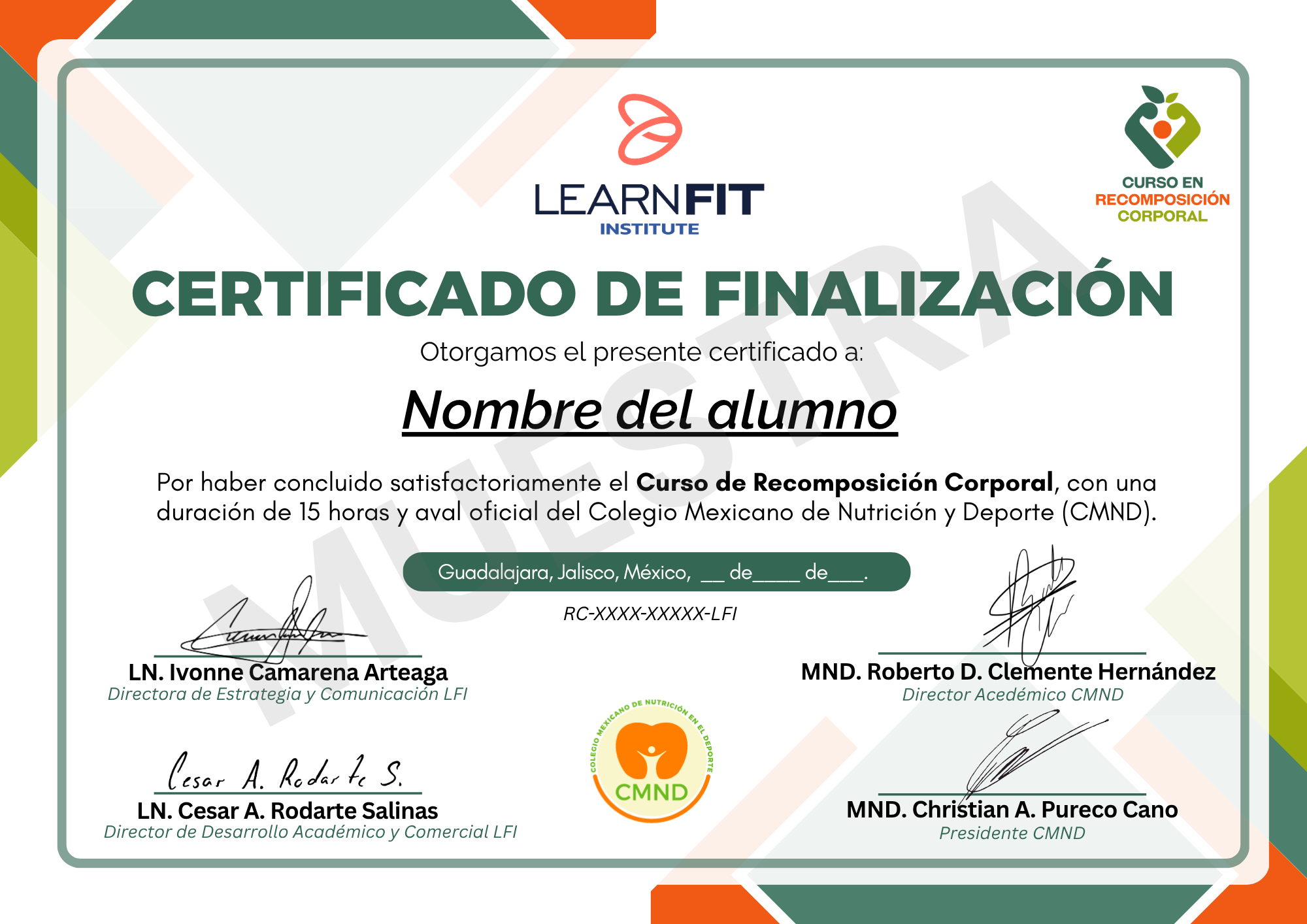 Muestra del certificado de finalización del Curso en Recomposición Corporal de LearnFit Institute, avalado por el Colegio Mexicano de Nutrición en el Deporte