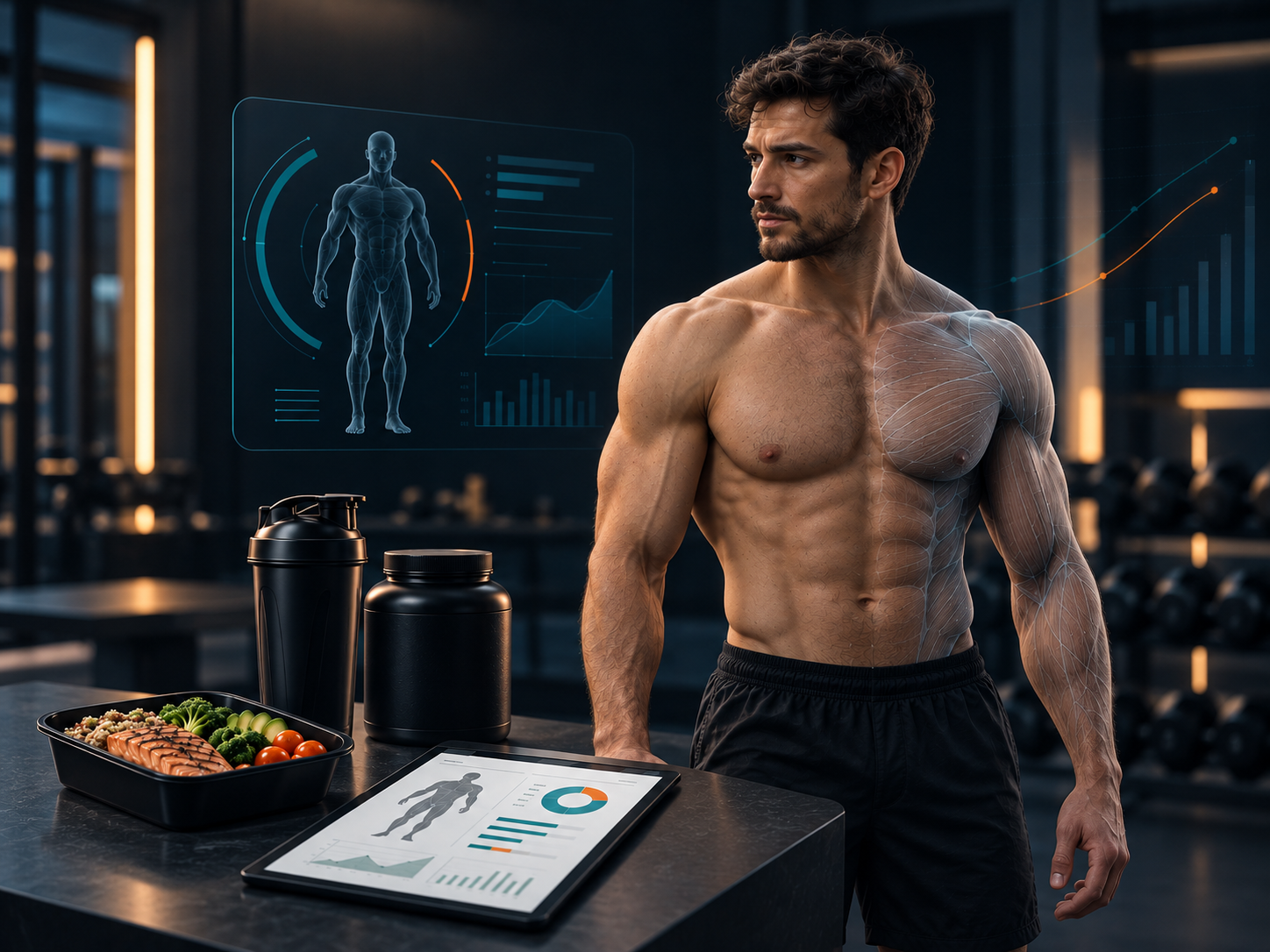 Curso en recomposición corporal con atleta en gimnasio y elementos visuales de composición corporal, nutrición, suplementación y entrenamiento