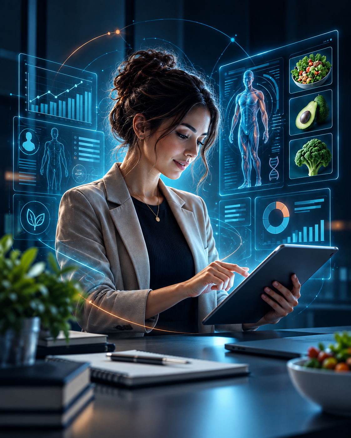 Nutrióloga utilizando herramientas digitales e inteligencia artificial para su práctica profesional