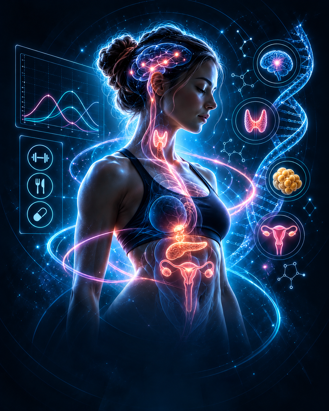 Ilustración femenina con elementos hormonales y metabólicos para la guía SOMP de LearnFit Institute