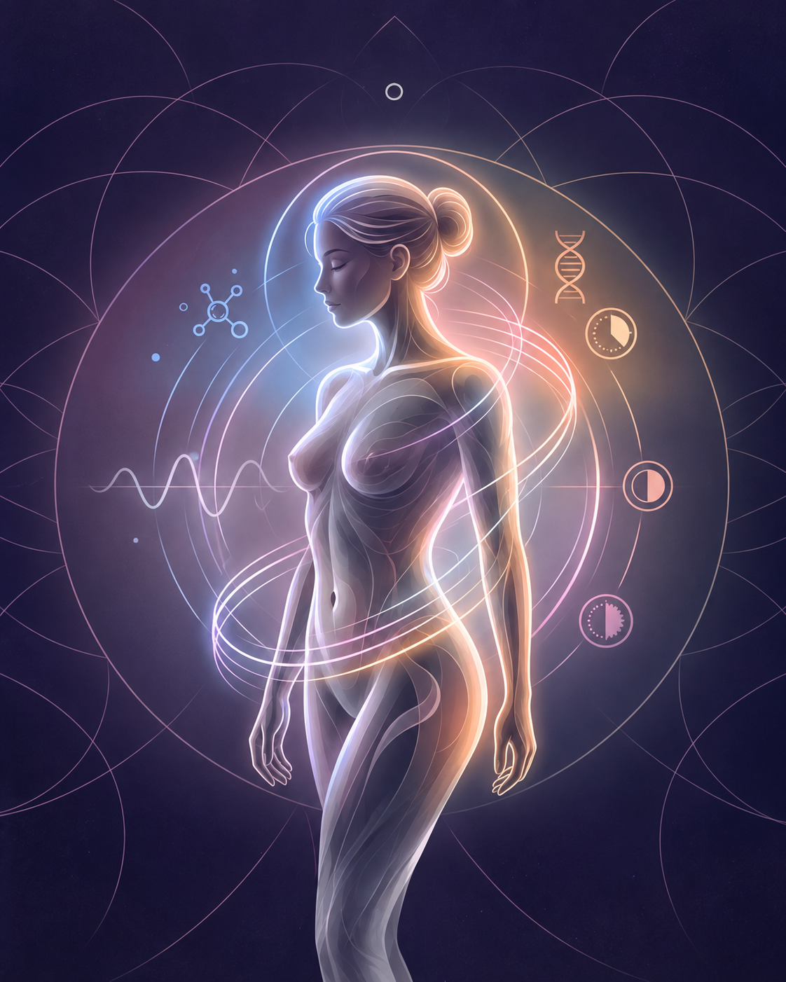 Ilustración femenina con elementos biológicos y hormonales para una guía profesional de LearnFit Institute