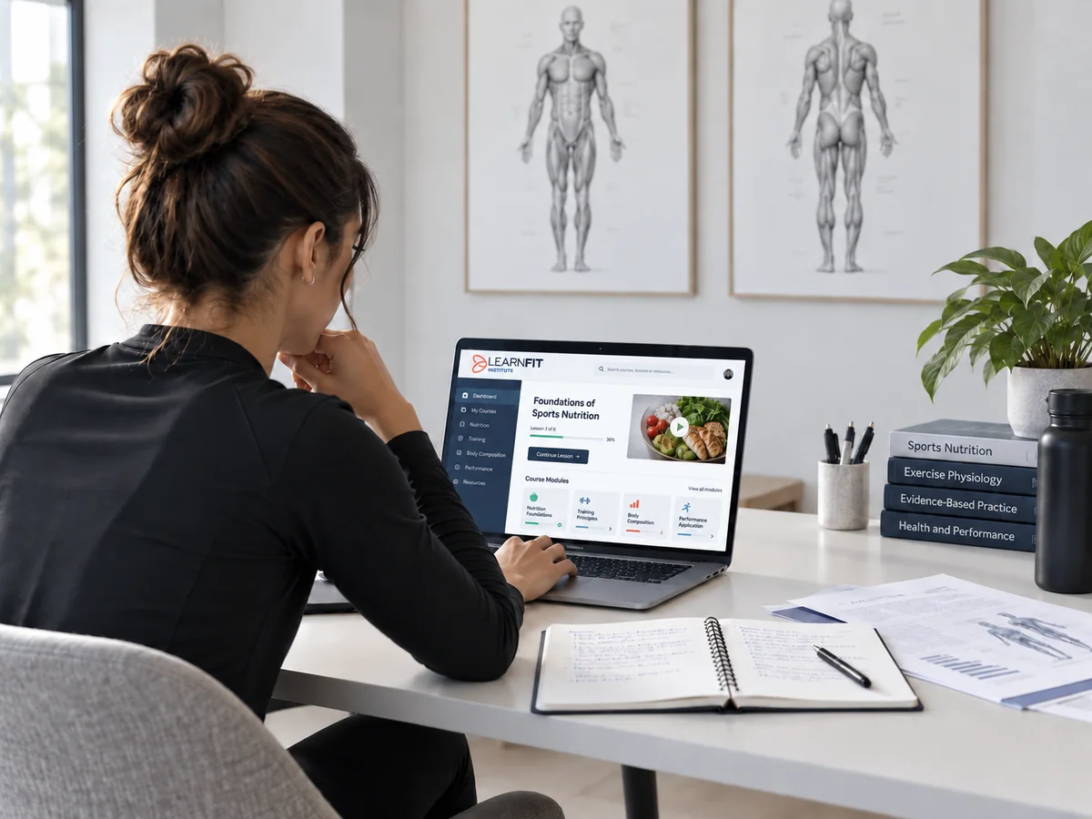 Profesional de nutrición y ciencias del deporte realizando formación online basada en evidencia